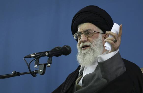 This photo released by an official website of the Iranian supreme leader`s office, Supreme Leader Ayatollah Ali Khamenei, speaks to the crowd in Tehran.