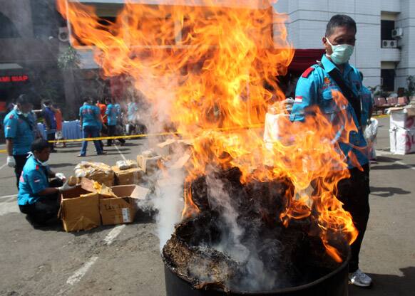Indonesian narcotic police officers burn packages of marijuana confiscated in raids in the past few months, at the local police headquarters in Jakarta. In total, 1.4 tons (3,000 lbs) of marijuana was destroyed in the event organized by the local police.