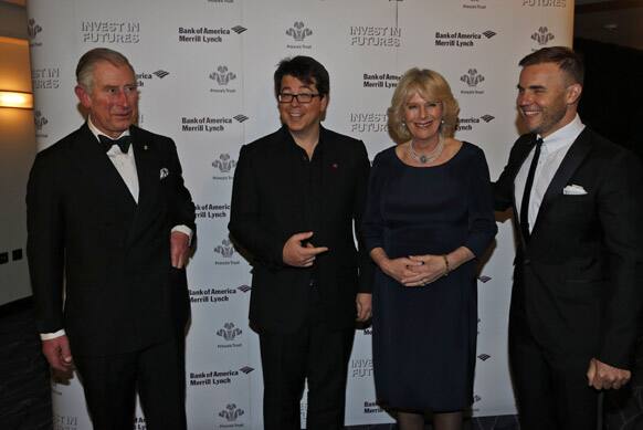 Britain`s Prince of Wales, president of the Prince’s Trust, Michael McIntyre, the Duchess of Cornwall, and Gary Barlow, pose for the photographers during a Prince’s Trust `Invest In Futures` reception with supporters and beneficiaries, in a central London hotel.