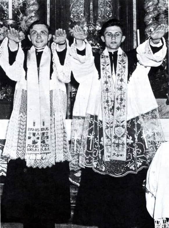 FILE - In this June 29, 1951 file photo, Joseph Ratzinger, right, and his brother Georg after their ordination to priesthood in Freising, southern Germany. Ratzinger, who later became Pope Benedict XVI, announced Monday, Feb. 11, 2013 that he will resign on Feb. 28.