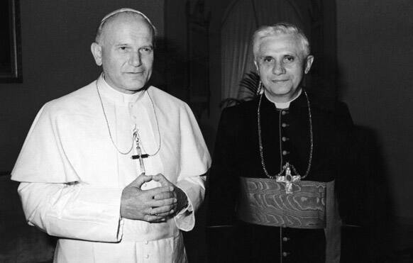 FILE - In this 1979 file photo, Pope John Paul II, left, poses with Cardinal Joseph Ratzinger of Munich. Ratzinger was elected Pope, April 19, 2005 and chose Benedict XVI as his papal name.