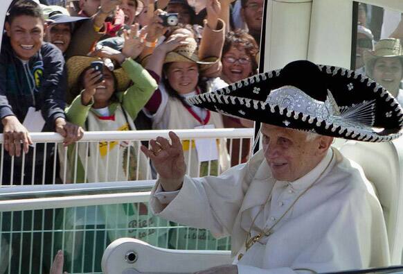 FILE - In this March 25, 2012 file photo, Pope Benedict XVI waves from the popemobile wearing a Mexican sombrero as he arrives to give a Mass in Bicentennial Park near Silao, Mexico. On Monday, Feb. 11, 2013 the Vatican announced that Pope Benedict XVI will resign on Feb. 28, 2013.