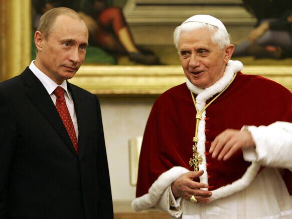 FILE - In this Tuesday, March 13, 2007 file photo, Pope Benedict XVI talks with Russia`s President Vladimir Putin, left, during their meeting at the Vatican. Benedict announced Monday Feb. 11, 2013, he will resign Feb. 28 becoming the first pontiff to step down in 600 years.