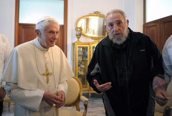 FILE - In this Wednesday, March 28, 2012 file photo provided by the Vatican newspaper L`Osservatore Romano Pope Benedict XVI meets with Fidel Castro in Havana. Benedict announced Monday Feb. 11, 2013 he would resign Feb. 28, the first pontiff to do so in nearly 600 years.