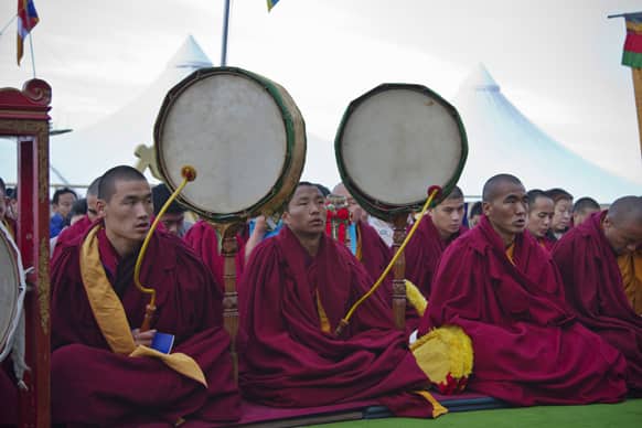 Exiled Tibetan Buddhist monks usher in the Tibetan New Year or Losar with ritual prayers at the Tsuglakhang temple in Dharmsala.