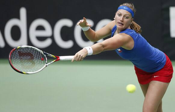 Czech Republic`s Petra Kvitova returns a ball to Australia`s Jarmila Gajdosova during their world group first round Fed Cup singles tennis match in Ostrava, Czech Republic.