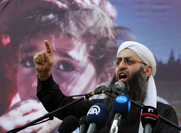 Sheik Ahmad al-Assir, a hardline Sunni Lebanese cleric, delivers a sermon in support of Syrian rebel fighters and Syrian refugees, after the Friday prayer, in Beirut, Lebanon.