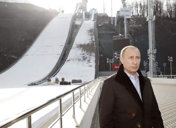 Russian President Vladimir Putin visits a ski jumping complex in Krasnaya Polyana near the Black Sea resort of Sochi, southern Russia.
