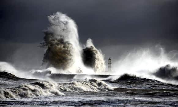 Gale Force winds from the North make spectacular pictures at the harbour in Seaham, northeast England, as they batter the seafront. Many parts of Britain are braced for a predicted return of snow and gale force winds over the coming days.