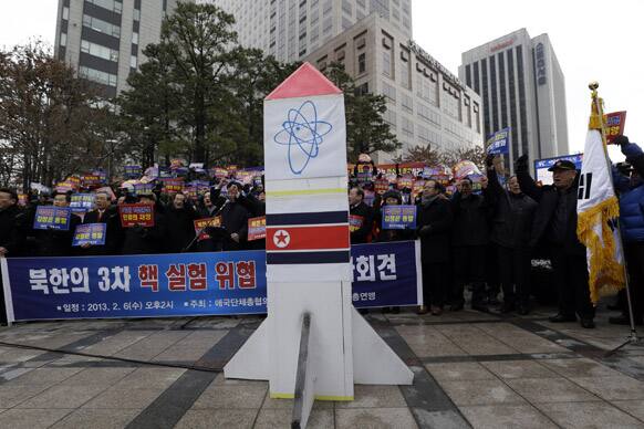 Anti-North Korea protesters shout slogans during a rally denouncing North Korea`s possible third round of nuclear test in Seoul, South Korea.