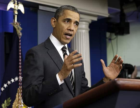 President Barack Obama gestures as he speaks in the James Brady Press Briefing Room of the White House in Washington.