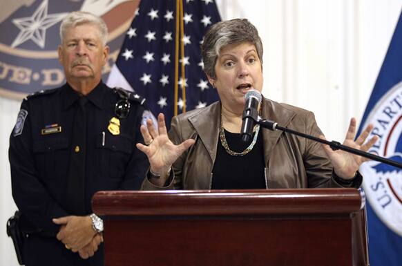 US Secretary of Homeland Security Janet Napolitano speaks in the US Customs and Border Protection Office of Air and Marine hangar in El Paso, Texas, on immigration and border security.