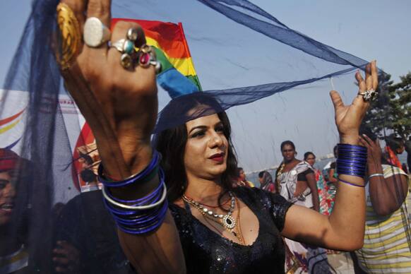 Members and supporters of the gay, lesbian, bisexual and transgender community participate in the Hyderabad gay pride parade in Hyderabad.