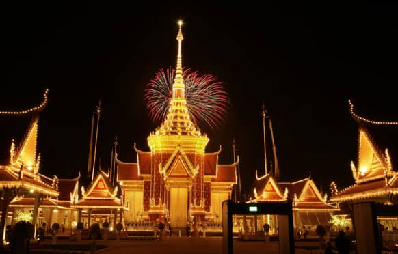 Fireworks explode in front of the cremation site ahead of Cambodia`s former King Norodom Sihanouk`s cremation ceremony, near the Royal Palace in Phnom Penh, Cambodia.