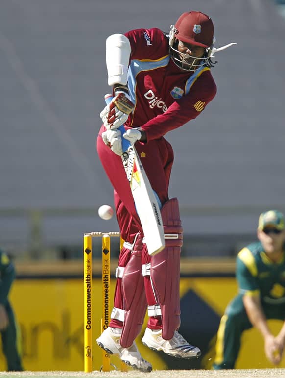 West Indies` Chris Gayle plays a shot against Australia during their one day international cricket match in Perth, Australia.