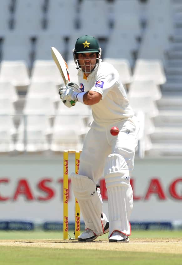 Pakistan`s Misbah-ul-Haq bats during their cricket test match against South Africa in Johannesburg, South Africa.