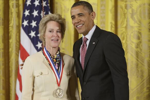 President Barack Obama awards the National Medal of Technology and Innovation to Dr. Frances Arnold of the California Institute of Technology, during a ceremony in the East Room of the White House in Washington.