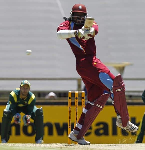 West Indies Chris Gayle hooks the ball for 4 runs against Australia during their one day international cricket match in Perth.