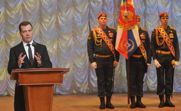 Russian Prime Minister Dmitry Medvedev speaks during a meeting with senior officers of Russia`s Emergency Situations Ministry at Krasnogorsk, outside Moscow.