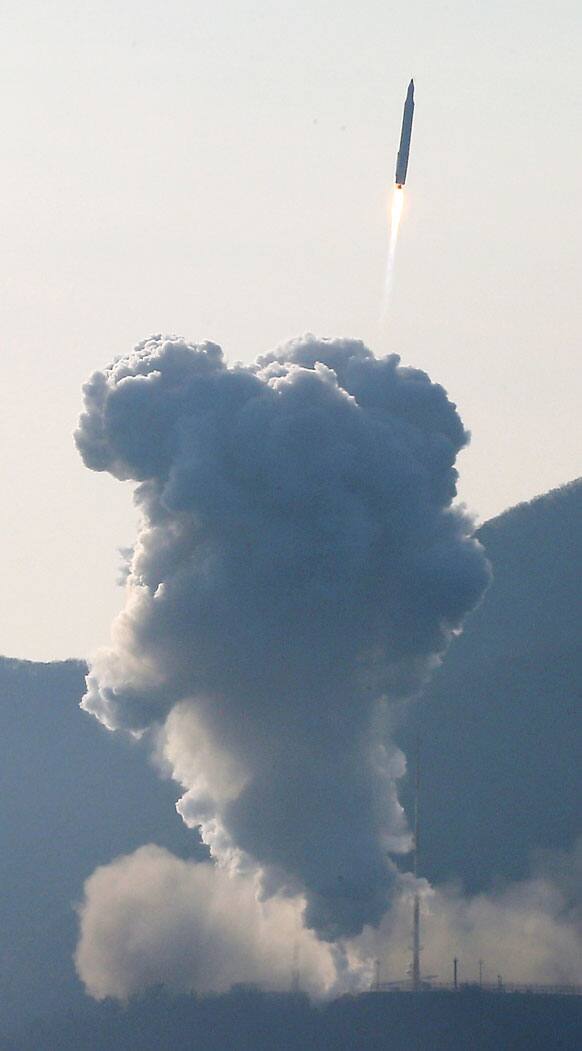 South Korea`s rocket takes off from its launch pad at the Naro Space Center in Goheung. South Korea says it has successfully launched a satellite into orbit from its own soil for the first time.