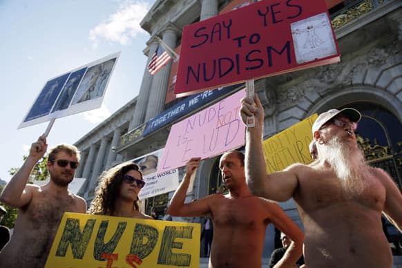 Demonstrators gather at a protest against a proposed nudity ban outside of City Hall in San Francisco. A federal judge has cleared the way for San Francisco`s ban on most displays of public nudity to take effect on Feb. 1.