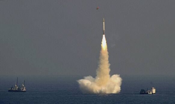 In this Sunday, Jan. 27, 2013 photo, India’s ballistic missile, with a range of 700 kilometers (435 miles), is launched in the waters off the Visakhapatnam coast, India.