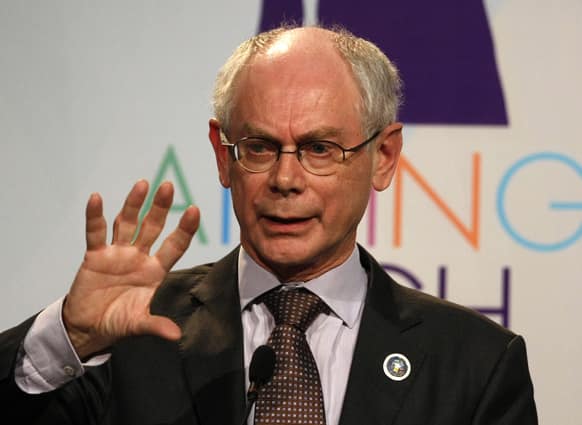 European Council President Herman Van Rompuy gestures as he speaks during a news conference at the CELAC-EU summit in Santiago, Chile.