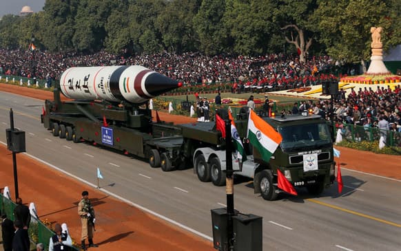 The long range ballistic Agni-V missile is displayed during Republic Day parade, in New Delhi. Indian across the country celebrated Republic day, which commemorates the 1950 adoption of its constitution. The celebrations include military marches and display of weaponry, cultural pageants and dances.