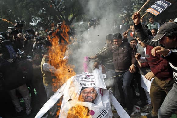 Bharatiya Janata Party (BJP) supporters burn an effigy of Home Minister Sushilkumar Shinde during a protest in New Delhi.