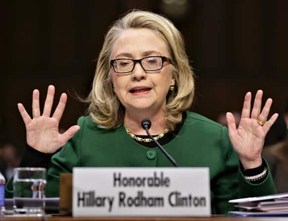 Hillary Rodham Clinton testifies on Capitol Hill in Washington, before the Senate Foreign Relations Committee hearing on the deadly September attack on the US diplomatic mission in Benghazi, Libya, that killed Ambassador Chris Stevens and three other Americans.