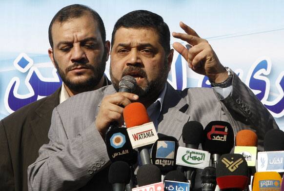 Palestinian Hamas leader Osama Hamdan, speaks during a protest held in solidarity with Palestinian prisoners jailed in Israel, in Gaza City.
