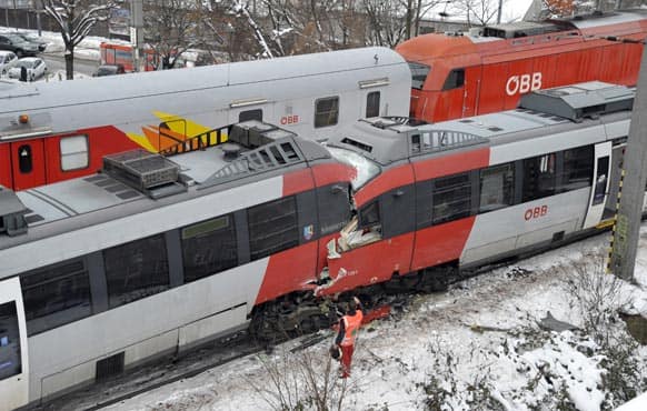 The driver`s cabins are seen destroyed after two regional trains crashed head on in Vienna, Austria.