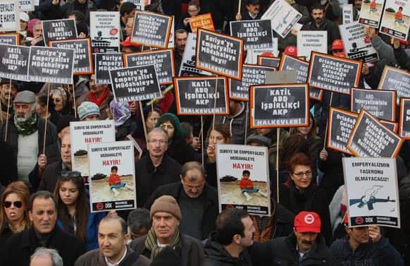 Members of Turkey`s leftist unions stage a protest against the NATO Patriot Missile Defense Systems to protect Turkey in case neighboring Syria launches an attack, in Ankara, Turkey.