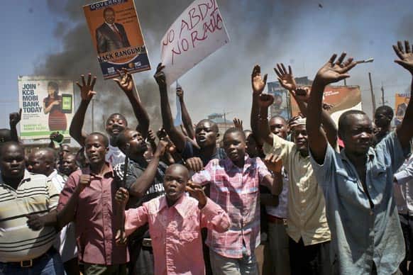 Residents take to the streets to protest the results of the ODM primary elections, after they claimed that Ruth Odinga the younger sister of Kenyan Prime Minister Raila Odinga had been declared the winning ODM candidate for the area`s gubernatorial seat, which could not be immediately verified.