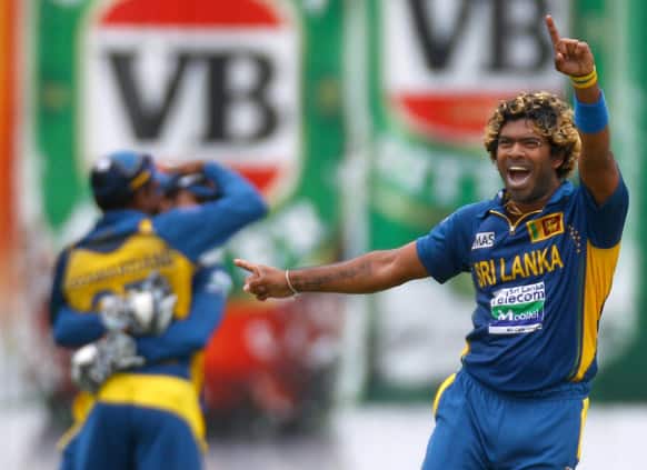 Sri Lanka`s Lasith Malinga celebrates taking the wicket of Australia`s David Hussey for 1 run during their one day international cricket match in Sydney.