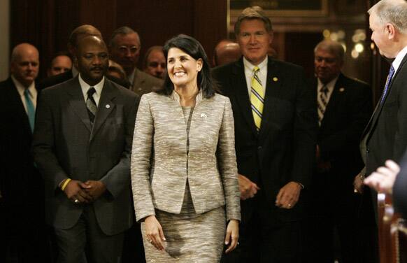 South Carolina Gov. Nikki Haley enters the chamber to give her State of The State address to the joint session of the legislature at The Statehouse in Columbia, S.C.