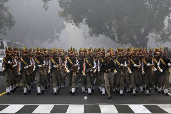 A contingent of Indian paramilitary soldiers arrive to participate in Republic Day rehearsals in New Delhi.