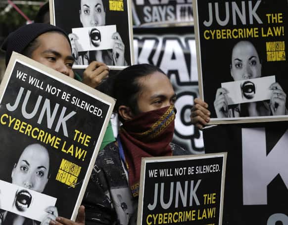 Protesters gather at the Philippine Supreme Court for rally for an extension of a temporary restraining order issued by the High Court on the new Cybercrime Law, in Manila, Philippines.