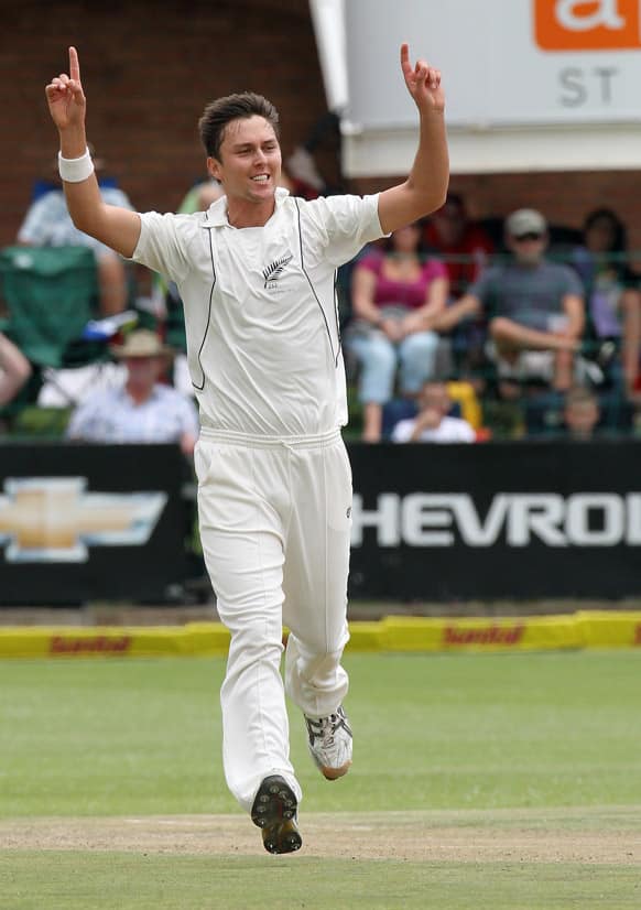 New Zealand`s bowler Trent Boult celebrates after dismissing South Africa`s batsman Hashim Amla for 110 runs on the second day of their second cricket test match at the St Georges Stadium in Port Elizabeth, South Africa.