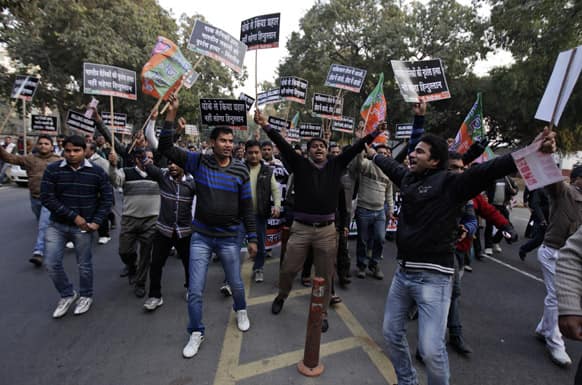 Supporters of India`s main opposition Bharatiya Janta Party (BJP) shout slogans during a protest against Pakistan in New Delhi, India.