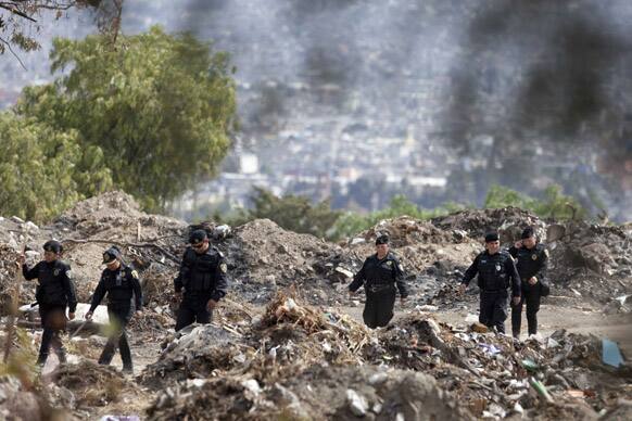 Police fan out as they search for stray dogs in a park on the hilltop borough of Iztapalapa in southeast Mexico City.