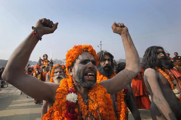 Naga Sadhus, or Naked Hindu holy men, during a religious procession as they arrive for Mahakumbh, in Allahabad.