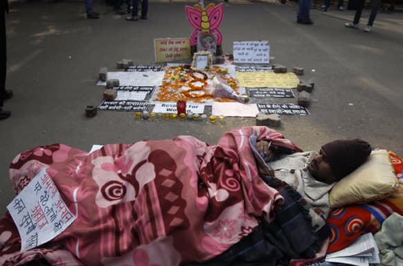 Amran sits on an indefinite hunger strike at Jantar Mantar to protest against the recent gang rape of a young woman in moving bus, in New Delhi.