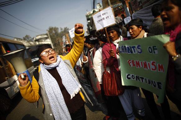 Nepalese women shout slogans outside the residence of Nepal’s Prime Minister Baburam Bhattarai during a protest, in Katmandu.