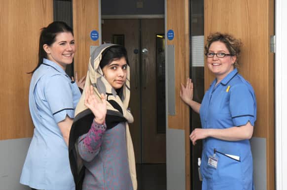 Malala Yousufzai says goodbye as she is discharged from the hospital to continue her rehabilitation at her family’s temporary home in England.