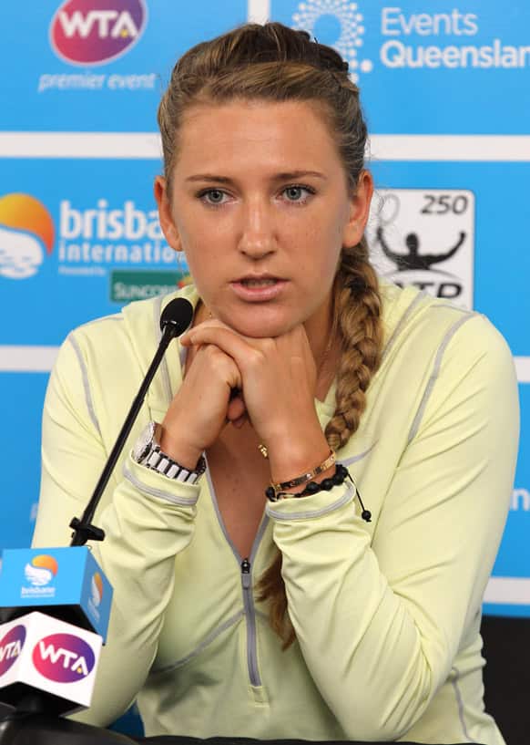 Victoria Azarenka of Belarus speaks to the media at a press conference in Brisbane, Australia. Azarenka announced her withdrawal from the ongoing Brisbane International tennis tournament due to an injury to her right big toe.