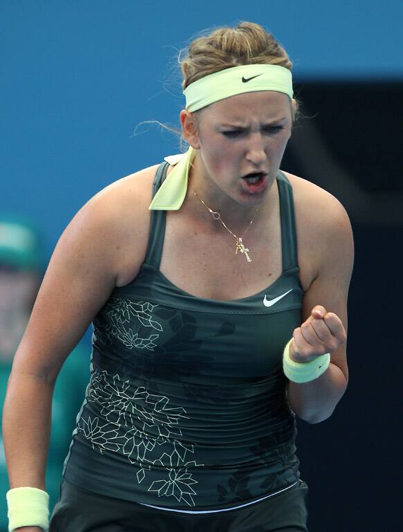 Victoria Azarenka of Belarus reacts after winning a point during her quarter final match against Ksenia Pervak of Kazakhstan during the Brisbane International tennis tournament.