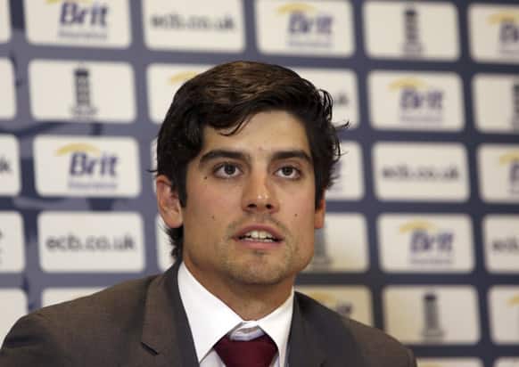 England cricket captain Alistair Cook talks to the media during a press conference at Heathrow, London.