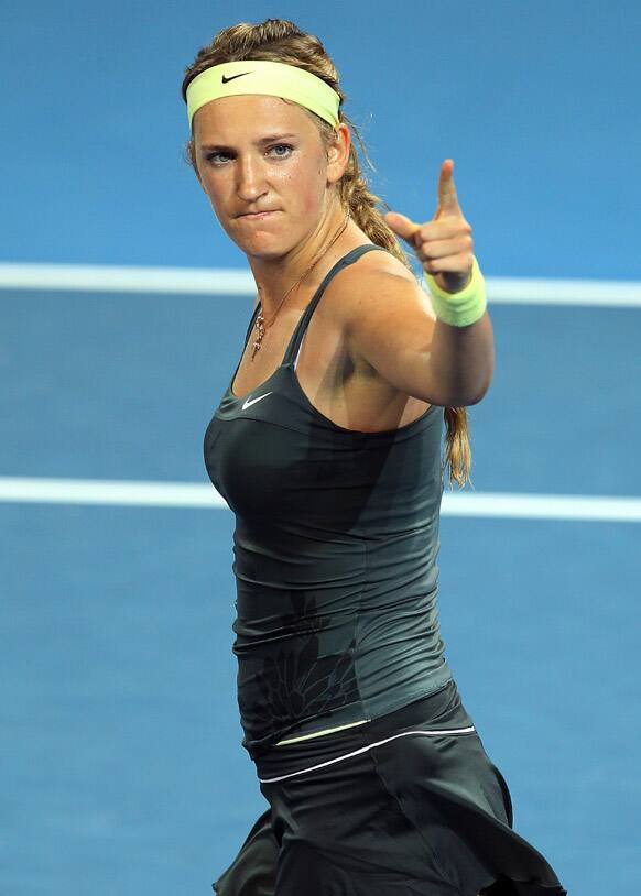 Victoria Azarenka of Belarus reacts after winning her second round match against Sabine Lisicki of Germany 6-3, 6-3 during the Brisbane International tennis tournament in Australia.