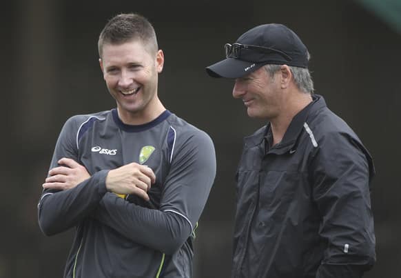 Australia`s captain Michael Clarke, left, chats with former captain Steve Waugh during the team`s training ahead of the third test cricket match against Sri Lanka in Sydney.